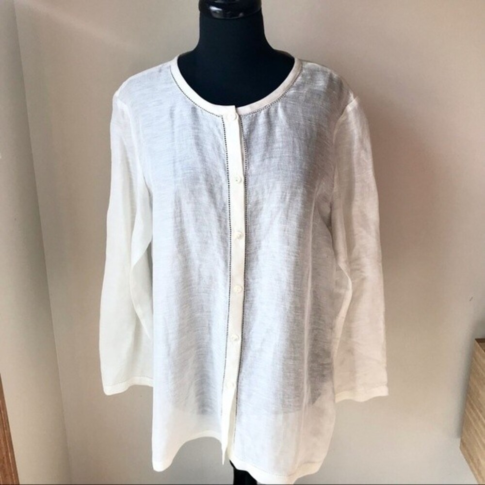 Linen Silk Tunic JONES NEW YORK White Cream Blouse Top Long Sleeve Button Up M